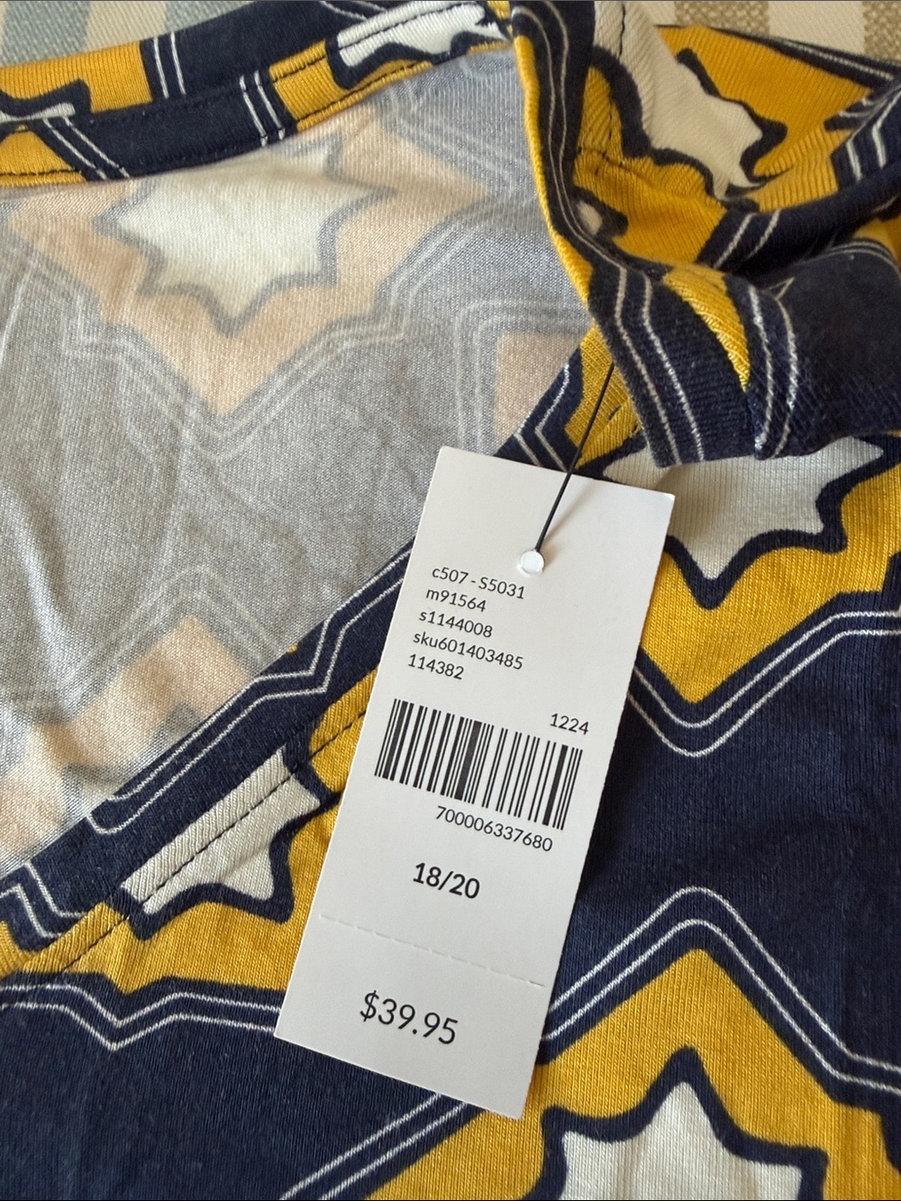 Lane Bryant Navy and Yellow Geometric V‑Neck Short Sleeve Top